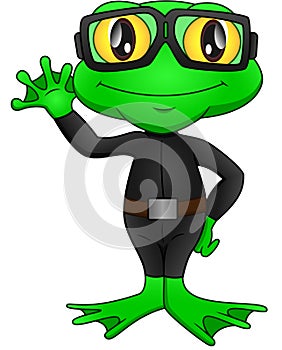 Frog wearing a diving suit and waving