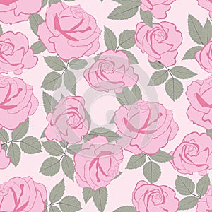 Romantic floral print. Seamless pattern with pink roses with leaves. Template for cards, gift wrappings and textile design. photo