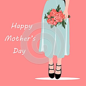 Happy Mothers Day. Mom. Card template with beautiful woman with spring flowers.