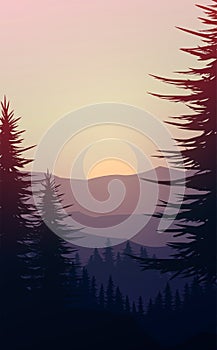 Nature forest Natural Pine forest mountains horizon. Landscape wallpaper. Sunrise and sunset. Illustration vector style colorful.