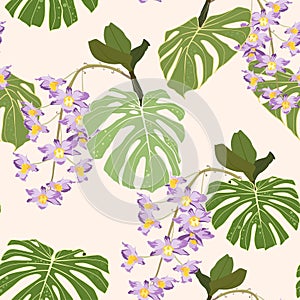 Seamless bright artistic tropical pattern with palm leaves, philodendron leaf, monstera, violet orchid flower.