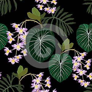 Seamless bright artistic tropical pattern with palm leaves, philodendron leaf, monstera, violet orchid flower.