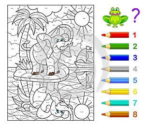 Math education for children. Coloring book. Mathematical exercises on addition and subtraction. Solve examples and paint elephant. photo