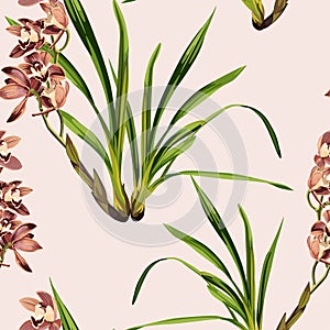 Seamless tropical orchids exotic flower pattern background. Tropical flowers and  leaves, on light background.