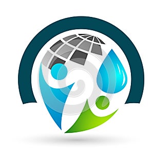 Globe Water drop logo concept of water drop with world save earth wellness symbol icon nature drops elements vector design