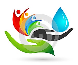 Globe Water drop hand logo concept of water drop with world save earth wellness symbol icon nature drops elements vector design