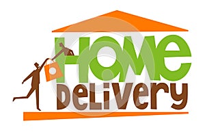 Home delivery typography with delivery man bringing food or groceries to man in a house photo