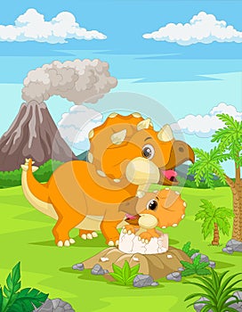 Cartoon Mother triceratops with baby hatching