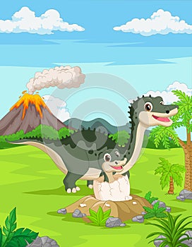 Cartoon Mother dinosaur with baby hatching