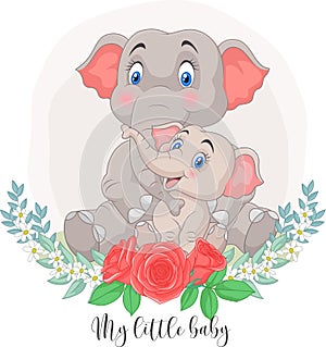 Cartoon Mother and baby elephant sitting with flowers background