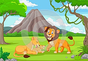 Cartoon lion family in the jungle