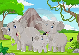 Cartoon elephants family in the jungle