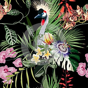 Exotic birds, passion flowers, monstera palm leaves, black background. Floral seamless pattern. Tropical illustration.