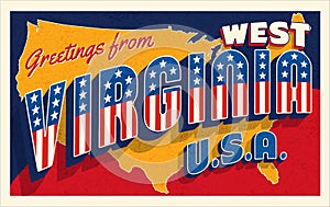 West Virginia USA. Retro style postcard with patriotic stars and stripes lettering