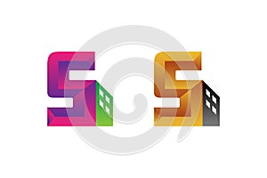 Letter s combined building logo design template. gradient green, pink, gold and black colors. I
