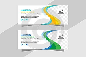 Horizontal color banners with yellow, blue, green waves on white background