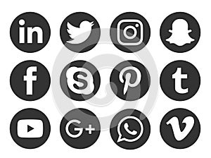 Social media logo black circle icons set Popular illustrations simple flat vector