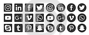 Social media logos black circle icons set Popular illustrations simple flat vector