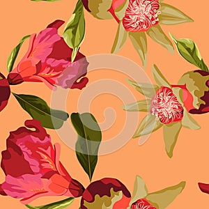 Seamless pattern with pomegranate fruits on orange background. Design for cosmetics, spa, pomegranate juice.