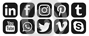 Facebook, Instagram, whatsapp, youtube Linkedin twitter vimeo skyp pinteret logo icon in black vector isolated on white background