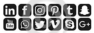 Facebook, Instagram, whatsapp, youtube Linkedin twitter vimeo skyp pinteret logo icon in black vector isolated on white background