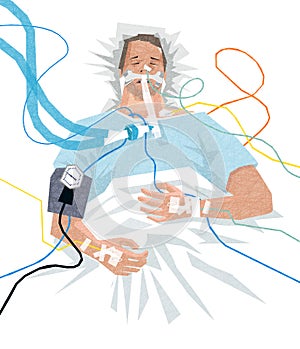 Illustration of a COVID-19 patient in the hospital on a ventilator photo