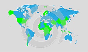 World map green and blue with countries vector