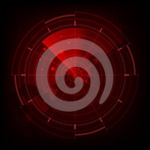 Digital red realistic radar screen, Abstract radar with targets, Military search system, Vector illustration.