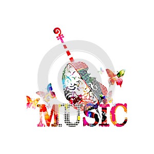 Colorful music promotional poster with violoncello and human brain isolated vector illustration. Artistic abstract background for