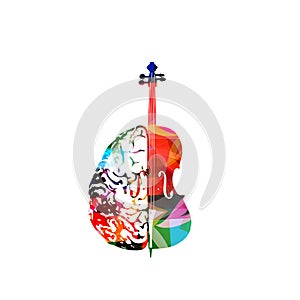 Colorful music promotional poster with violoncello and human brain isolated vector illustration. Artistic abstract background fo