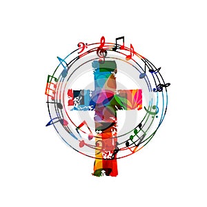 Colorful christian cross with music notes isolated vector illustration. Religion themed background. Design for gospel church music photo