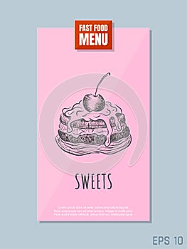 Fast food menu card concept. Sweets sketch. Retro style. Vector illustration.
