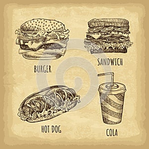 Hand drawn fast food set. Burger. Cola. Hot dog. Sandwich. Retro style. Vector illustration.