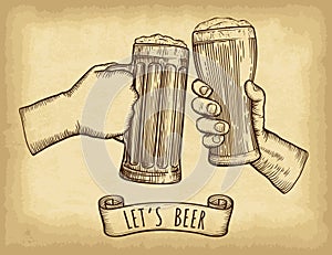 Hands holding and clinking beer glasses. Old paper texture background. Engraved style. Hand drawn vector illustration.