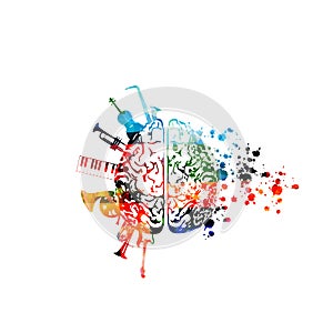 Music background with colorful brain and music instruments vector illustration design. Music festival poster,live concert events