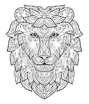 Hand drawn lion head with small pattern on white isolated background. Suitable for coloring book pages.