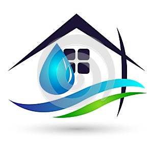 Globe Water drop logo concept of water home with world save earth wellness symbol icon nature drops elements vector design