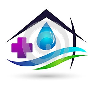 Globe Water drop logo concept of water home with world save earth wellness symbol icon nature drops elements vector design