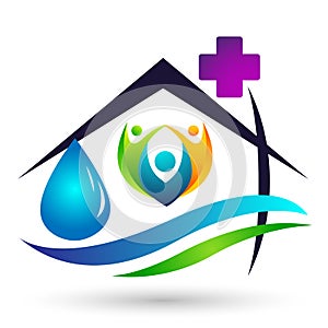 Globe Water drop logo concept of water home with world save earth wellness symbol icon nature drops elements vector design