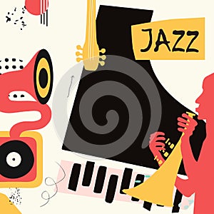 Jazz music festival poster with trumpet, piano and gramophone flat vector illustration. Colorful music background with music instr