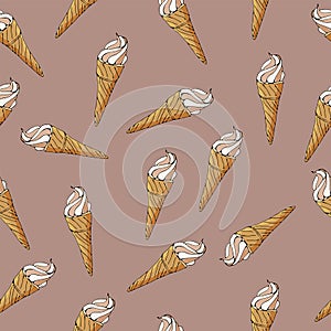 Seamless summer pattern. Yummy and colorful ice-creams in waffle cone on pale pink background.