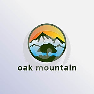 Circle Mountain Oak Banyan Tree Logo Design Vector