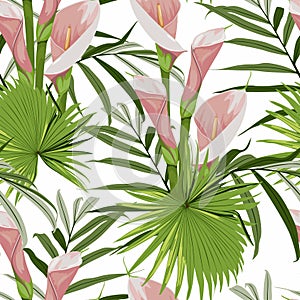 Illustration with pink ex0tic flowers. Beautiful seamless background with tropical plants on white.