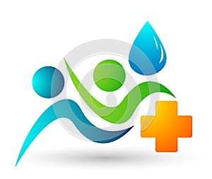 Globe Water drop medical logo concept of water drop with world save earth wellness symbol icon hand drops elements vector design