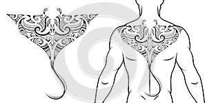 Maori tribal style tattoo pattern with manta ray fit for a back, chest. With example on body.