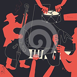 Music background with music instruments flat vector illustration. Artistic jazz music festival poster, live concert events, party