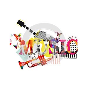 Music typographic colorful background with trumpet, guitar and piano vector illustration. Artistic music festival poster, live con