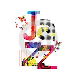 Jazz music typographic colorful background vector illustration. Artistic music festival poster, live concert, creative banner de photo