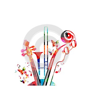 Music colorful background with music notes, trumpet and violoncelo pegbox and scroll vector illustration design. Music festival po photo