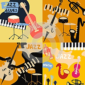 Set of music cards and banners. Music cards with instruments flat vector illustration. Jazz music festival banners. Colorful jazz